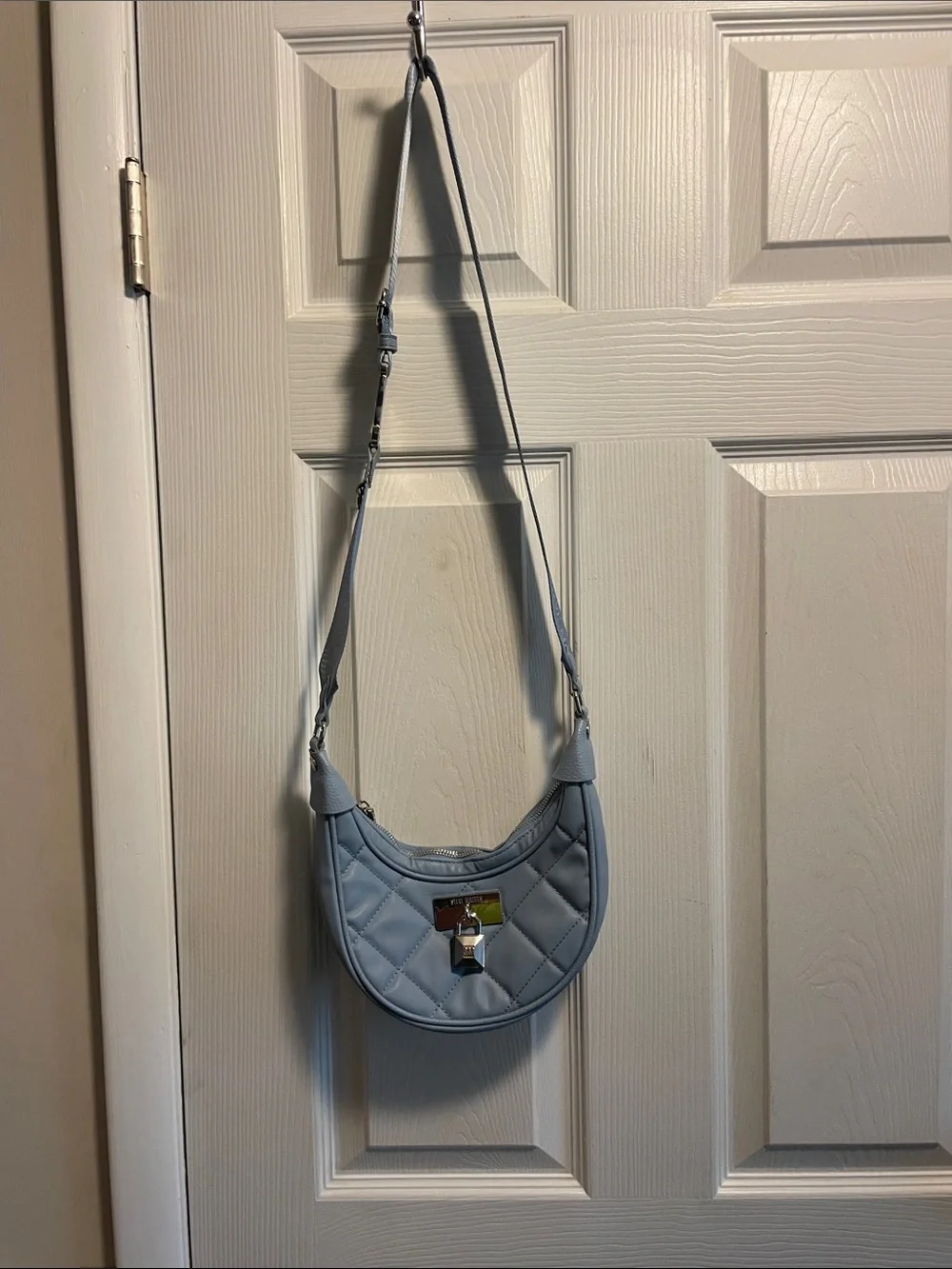 Steve Madden Powder Blue Quilted Crescent Shoulder Bag with Padlock